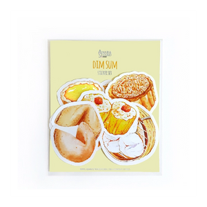 cute dim sum-themed sticker set including a moon cake, a sesame ball, an egg tart, and more.