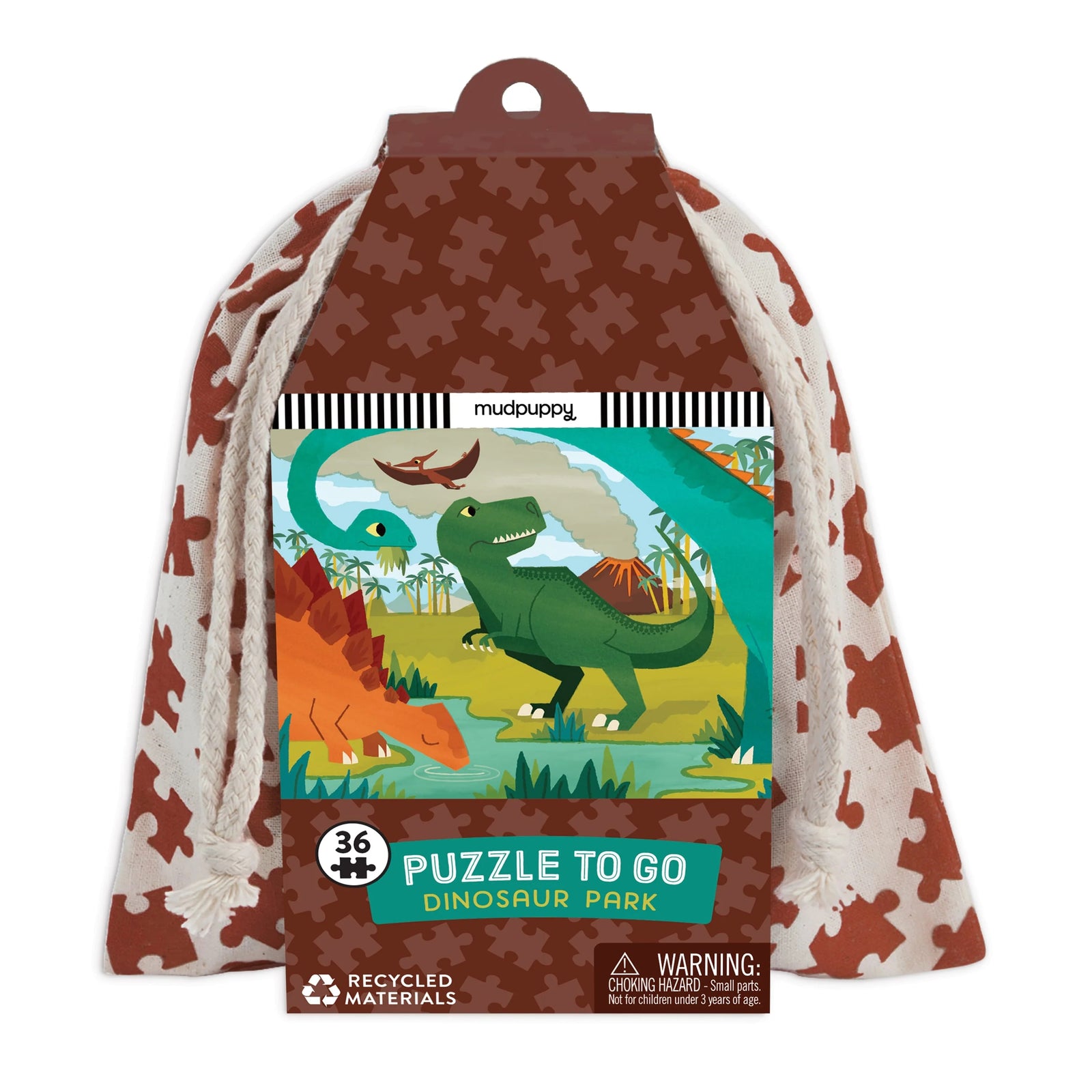 Puzzle packaging with dinosaur illustration and a drawstring bag.