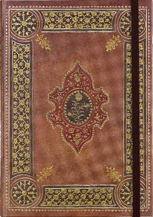 red brown leather notebook with a dark brown elastic. the cover, with symmetrical gold details, is a reproduction of an 18th-century book binding by Antoine Michel Padeloup, royal binder to French king Louis XV.
