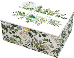 Decorative box with green and white eucalyptus design and 'Thank You' message on a white background