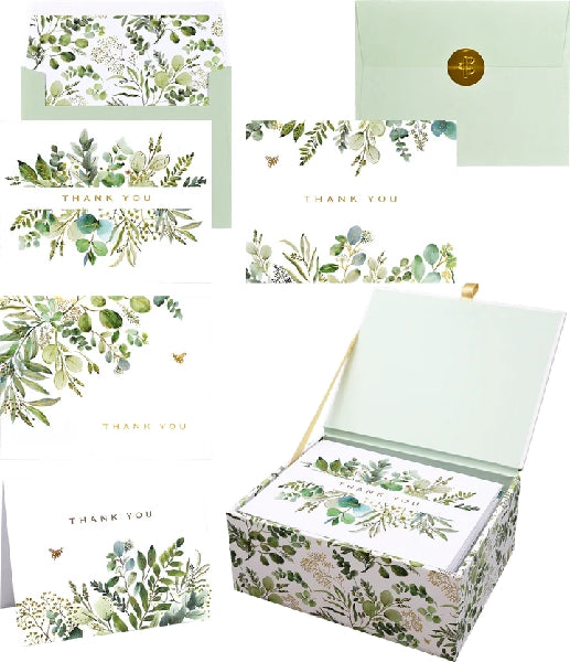 Set of green and white eucalyptus themed 'Thank You' cards with a matching box packaging.