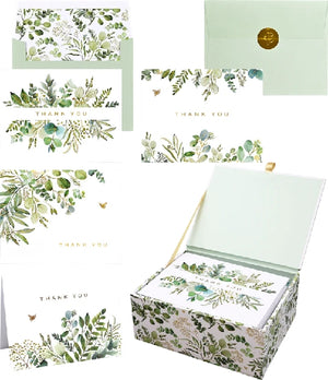 Set of green and white eucalyptus themed 'Thank You' cards with a matching box packaging.