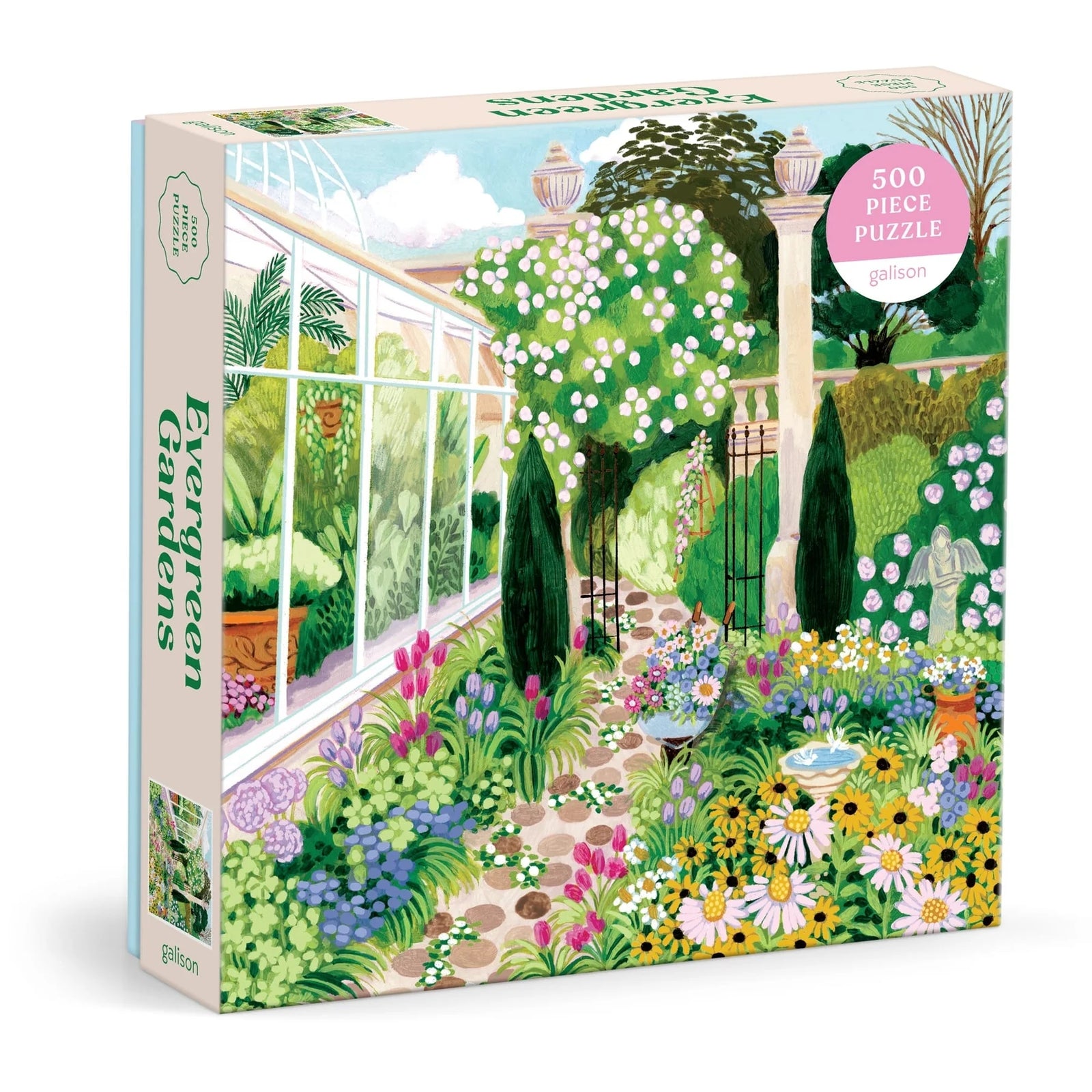 Garden-themed puzzle box with colorful garden illustration on a white background.