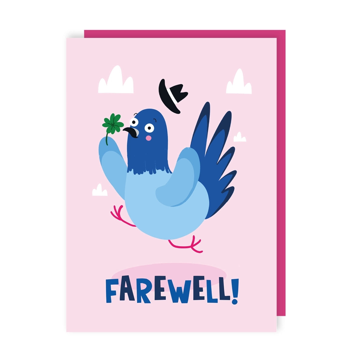 Greeting card featuring an illustration of a pigeon jumping in the air while holding a four leaf clover with the text 'Farewell!' on a pink background. The pigeon's top hat is flying in the air as he jumps.