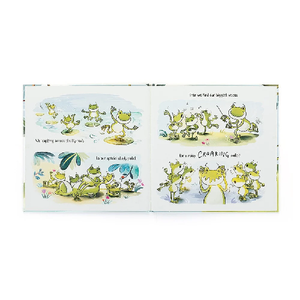 Jellycat opened book featuring images of frogs dancing and playing
