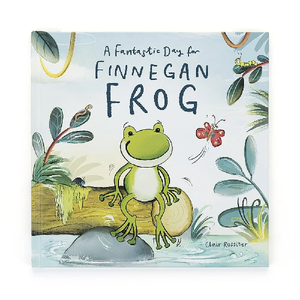 Jellycat book cover titled 'A fantastic day for Finnegan frog', featuring a smiling green frog sitting on the edge of a log over water