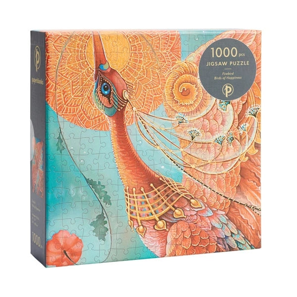 Jigsaw puzzle box with a colorful phoenix design on a white background.