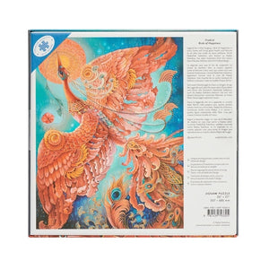 Back view of a puzzle box showing a colourful phoenix design with text on a white background. 