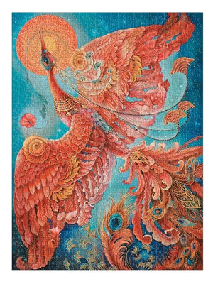 Completed jigsaw puzzle with a colorful phoenix design on a white background.