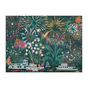 Finished puzzle featuring illustrations of colourful fireworks in the sky over some boats in water. 
