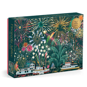 Puzzle box featuring illustrations of colourful fireworks in the sky over some boats in water. The text 'Fireworks Jubilee' is printed on the side of the box.