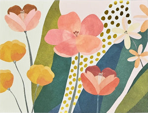 Card with colourful floral pattern with pink, orange, and yellow flowers on a light background.