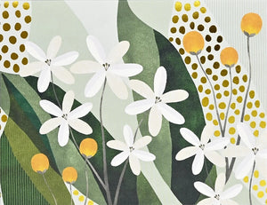 Card showing white flowers with green leaves and yellow accents on a patterned background.