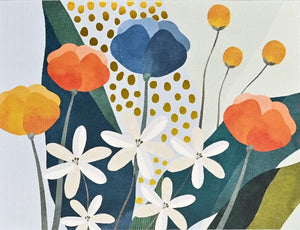 Card with a colourful floral pattern with orange, blue, and white flowers on a textured background.