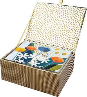 Open box with floral cards inside on a white background