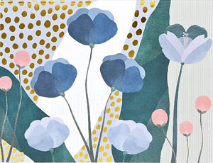 Card with decorative design with blue, pink, and green flowers on a polka dot background