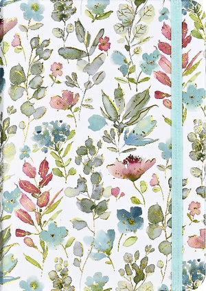 Watercolour style floral notebook cover with a white background