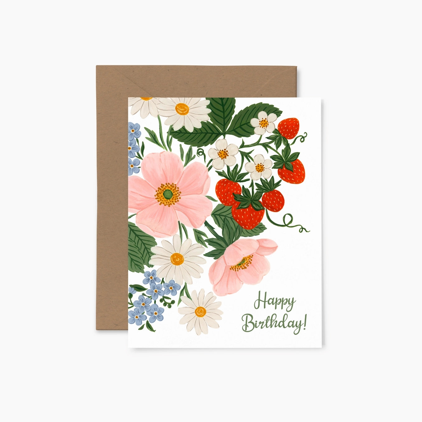 Greeting card featuring an illustration of flowers and strawberries with the text 'Happy Birthday!' on a white background with a brown envelope.
