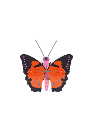 A red, black and pink 3D pop-up butterfly model on a white background. 