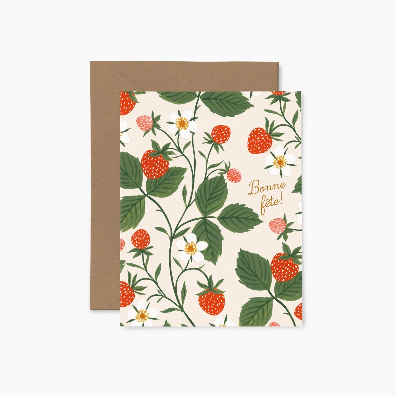 Greeting card featuring a strawberry plant pattern on a cream coloured background with the words 'Bonne fete!' and a brown envelope.