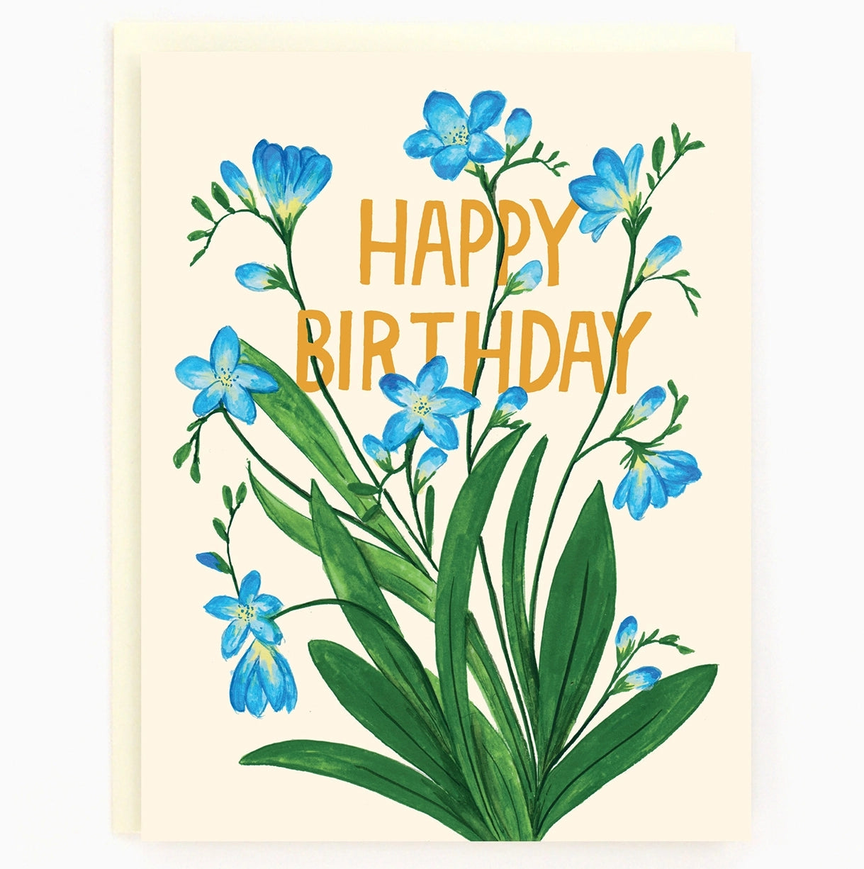 Greeting card with blue flowers and 'Happy Birthday' text on a light beige background.