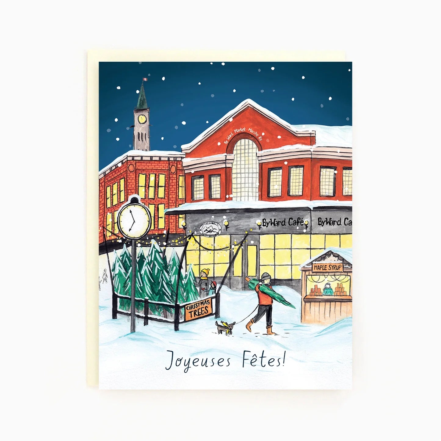A blank art greeting card featuring an illustration of Byward Market in Ottawa with a Christmas theme, including people, trees, and buildings with snow-covered roofs.