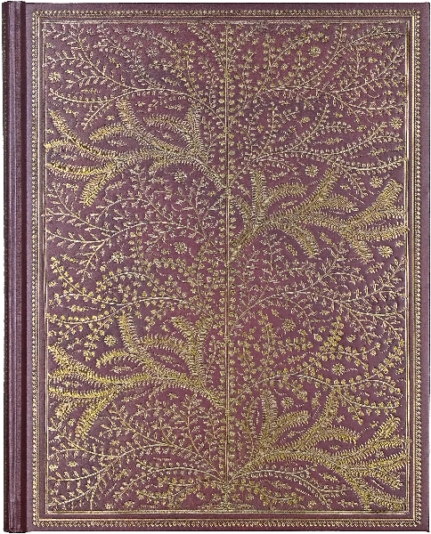 red wood leather journal with intricate golden tree filling the cover