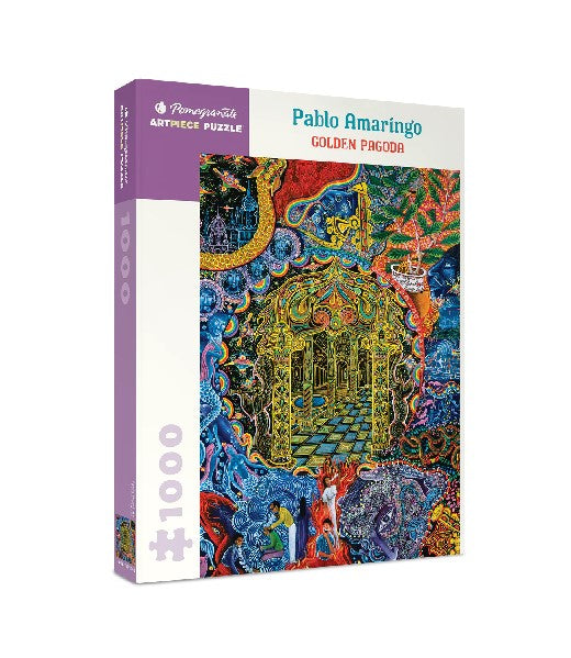 white puzzle box with purple accents. the centre of the box has an image of a richly-designed, multi-coloured pagoda