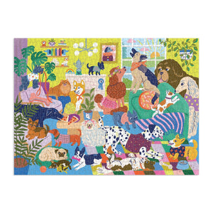 Finished Puzzle with colorful illustrations of dogs in a living room setting in various positions on a white background.