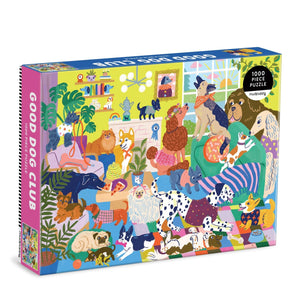 Puzzle box with colorful illustrations of dogs in a living room setting in various positions.