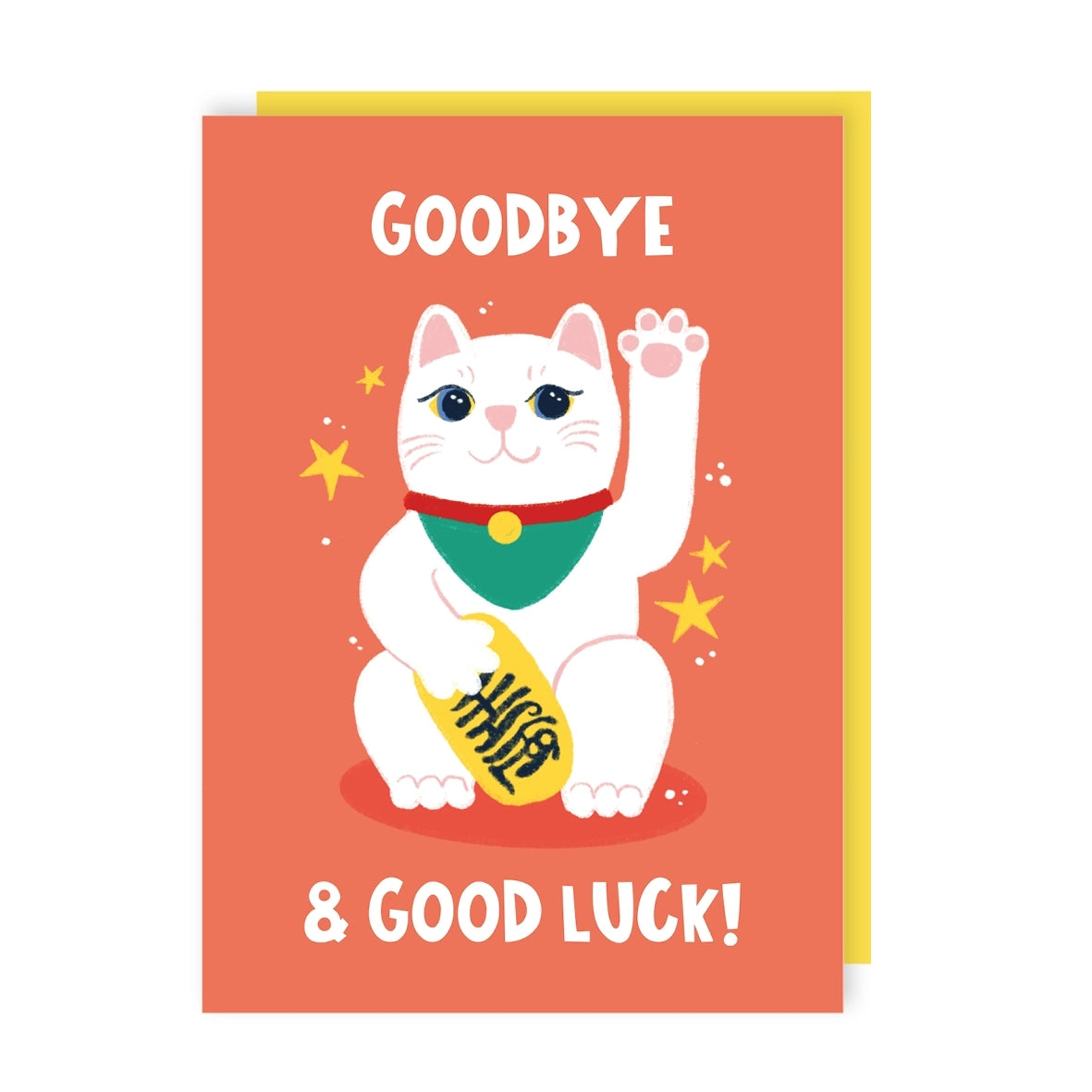 Greeting card featuring an illustration of a lucky white cat waving it's paw with the text 'Goodbye & Good Luck' on an orange background.