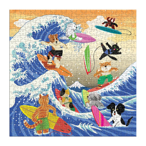 Finished puzzle featuring illustrations of dogs and cats surfing in the sea. The animals are wearing swimming clothes and the sky in the background is cloudy and orange. 
