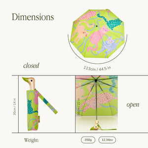 Green umbrella with abstract cat prints, showing closed and open dimensions on a white background.