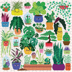Finished puzzle with colorful illustrations of smiling plants in different coloured pots on a cream background. 