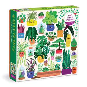 Puzzle box with colorful illustrations of smiling plants in different coloured pots on a cream background. 