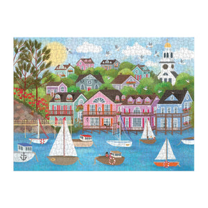 Finished puzzle featuring a colourful illustration of a harbour filled with boats. The harbour is surrounded by lots of colourful houses and greenery. 