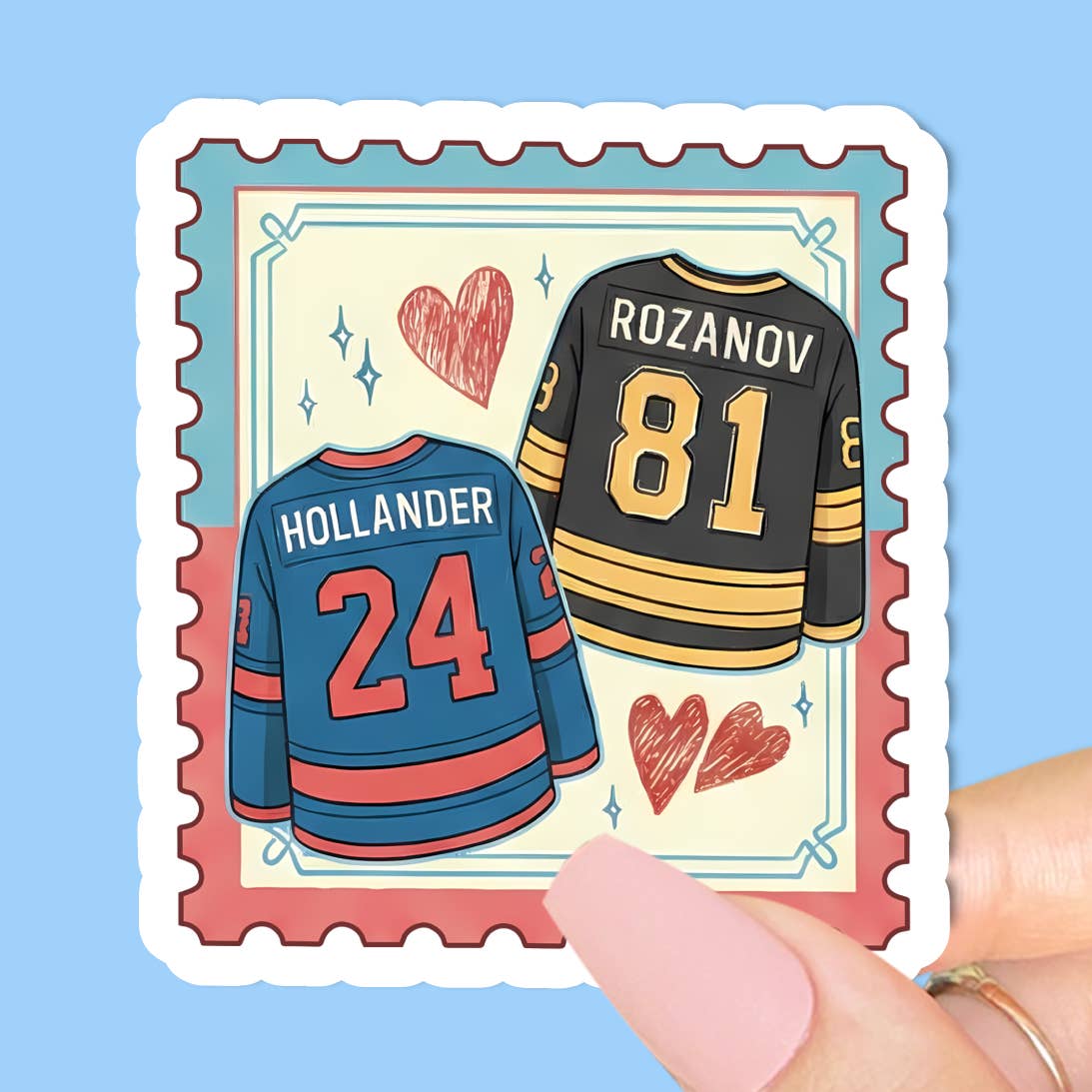 A Heated Rivalries themed sticker showing an illustration of two hockey Jerseys; one is red and blue and has the number '24' printed on the back with the name Hollander', while the other is yellow and black and has the number '81' and the name 'Rozanov' on the back. The sticker is shaped like a stamp with a scallopped edge. It is held against a blue background.