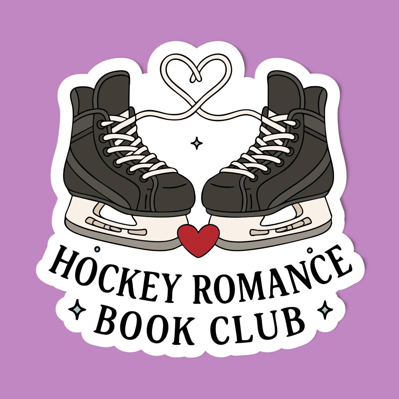 A sticker showing an illustration of two hockey skates on a white background. A heart sits between them while the laces join together to make a heart shape. The text 'Hockey Romance Book Club' sits below the skates. 