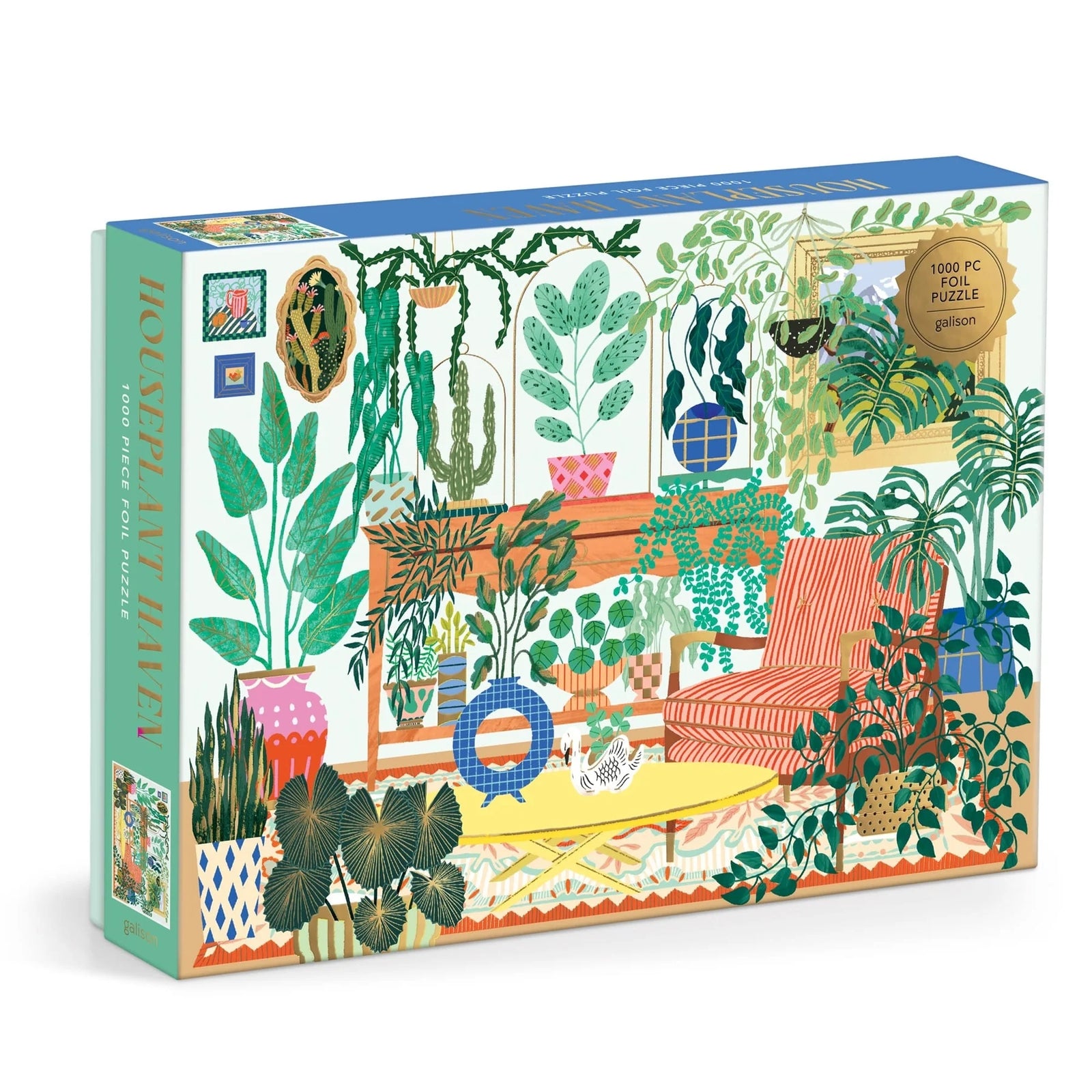 Jigsaw puzzle box with a colorful design of a room filled with plants and furniture.