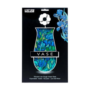 Packaged vase with a design based on Van Gogh's Irises and Modgy branding on a black background.