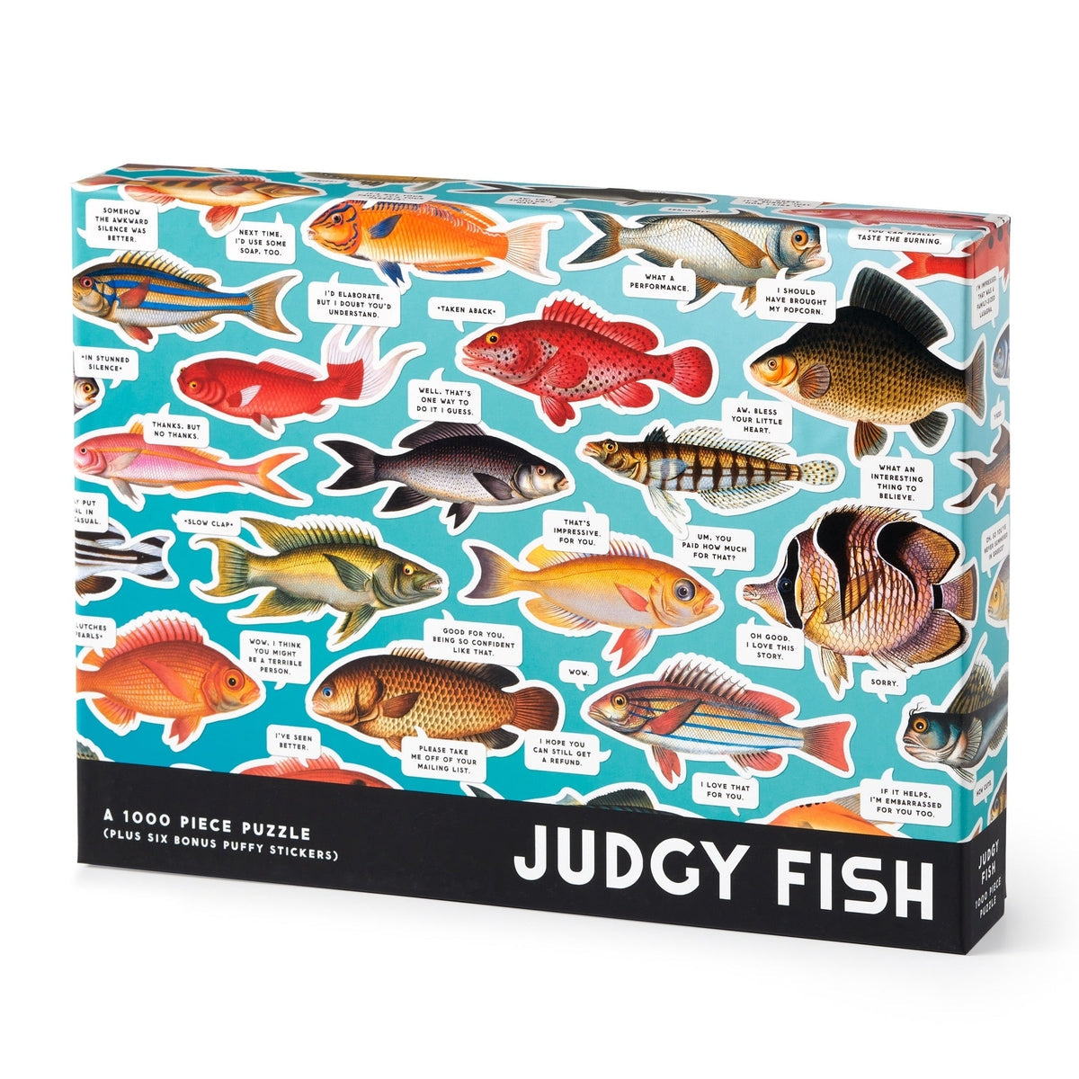 Packaging for a colourful fish themed puzzle with funny text.
