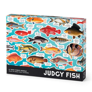 Packaging for a colourful fish themed puzzle with funny text.