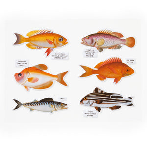 Fish themed stickers with funny text on a white background.