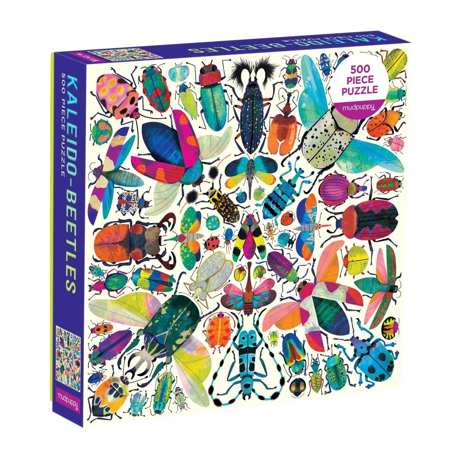 Jigsaw puzzle box with colorful beetle illustrations positioned in a kaleidoscope style pattern on a white background.