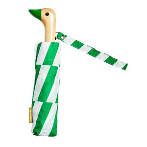 An umbrella with a green and white checkered pattern and a duck head shaped handle on a white background. 