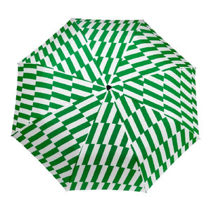 Top view of an opened umbrella with a green and white checkered pattern on a white background. 