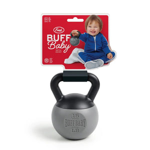 Black and gray kettlebell shaped baby rattle with 'Buff Baby' label on a white background.