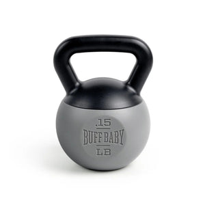 Black and gray kettlebell shaped baby rattle with 'Buff Baby' branding on a white background.