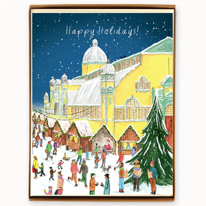 A boxed holiday card featuring an illustration of Lansdowne Park in Ottawa with a Christmas theme, including people, trees, and a building with a snow-covered roof.