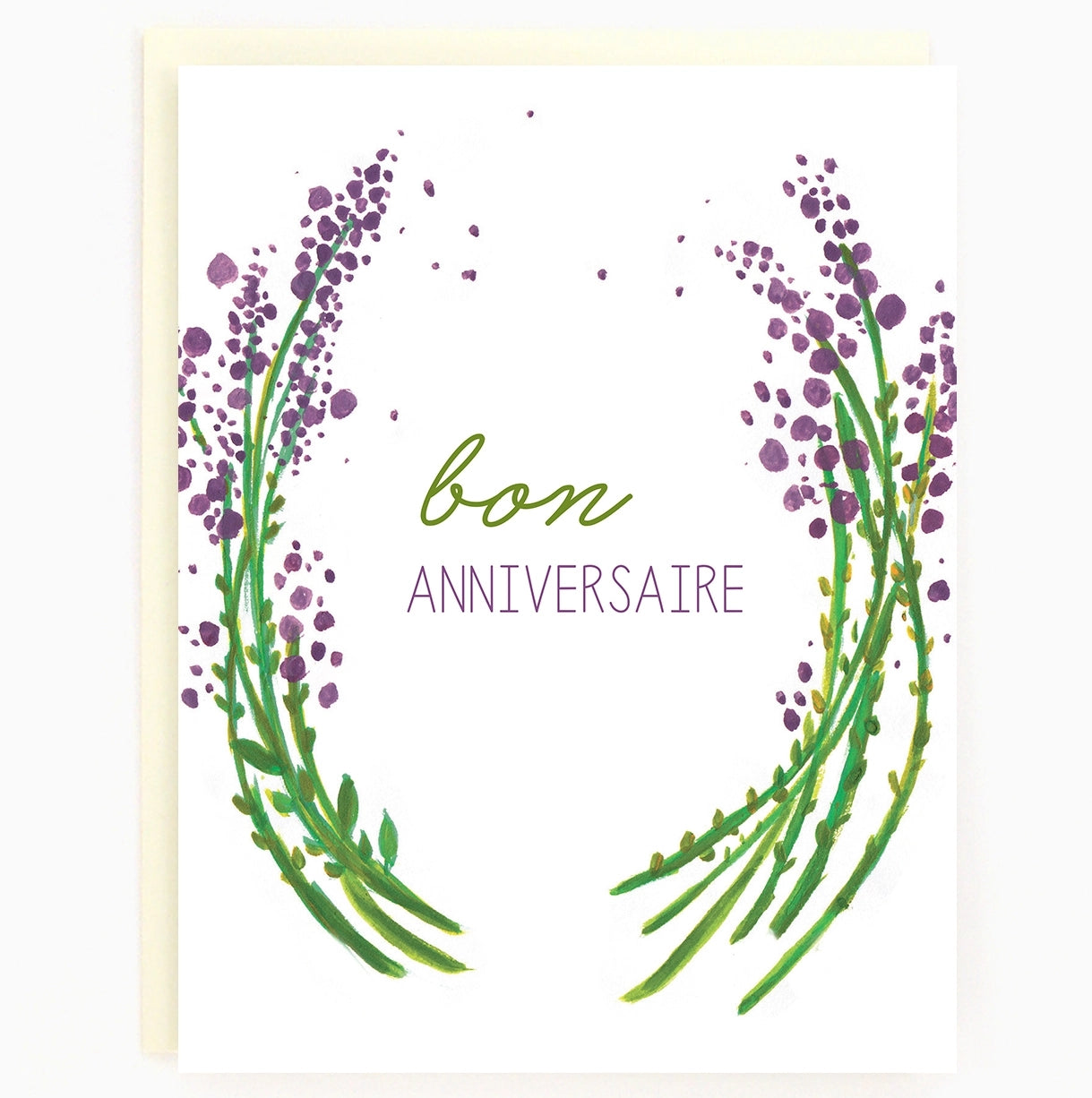 Greeting card with lavender design and the text 'bon anniversaire' on a white background.